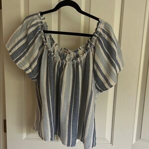 Faherty Smocked Puff Sleeve Blouse in White and Gray